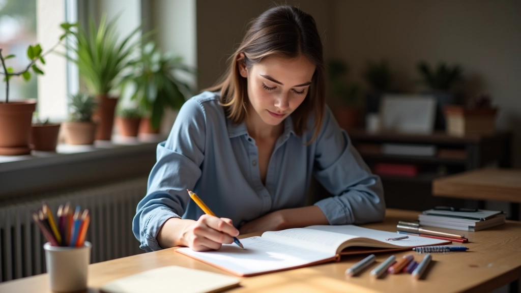 Artiste écrivant dans un journal de pratique avec des croquis et notes de visualisation créative