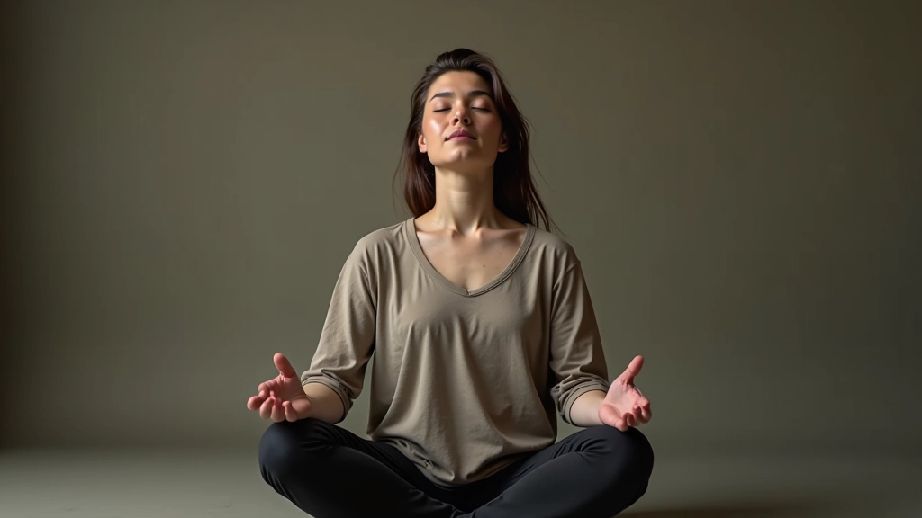 Artiste en studio avec les yeux fermés en méditation profonde, environnement calme et serein