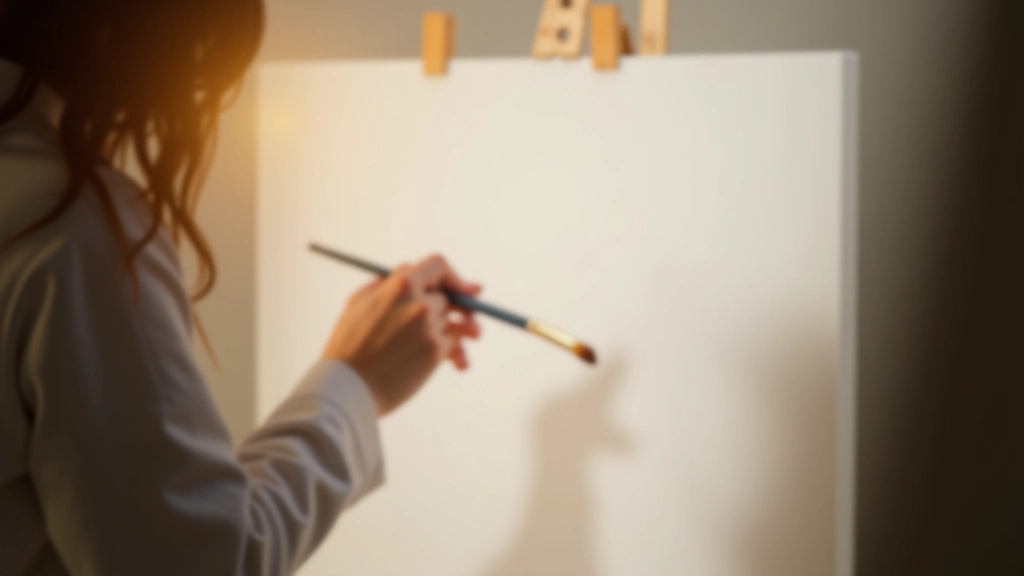 Gros plan des mains d'un artiste tenant un pinceau avec assurance au-dessus d'une toile blanche