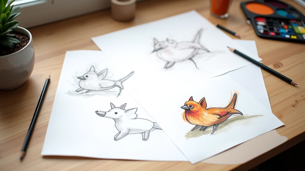Tableau montrant l'évolution d'une illustration de la silhouette simple jusqu'aux détails colorés finaux