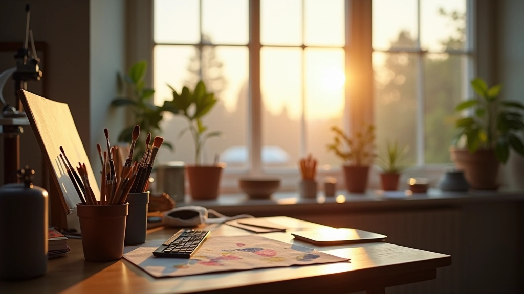 Atelier d'artiste lumineux avec grandes fenêtres, pinceau et palette sur table en bois, lumière naturelle douce