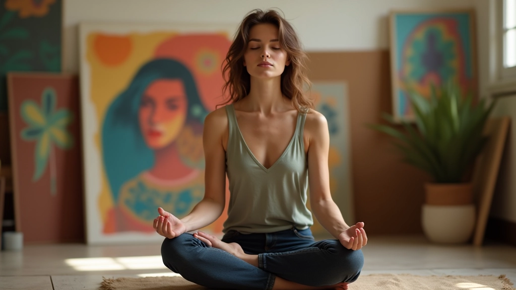 Femme artiste assise en posture de méditation, les yeux fermés, dans un studio lumineux avec des toiles colorées en arrière-plan
