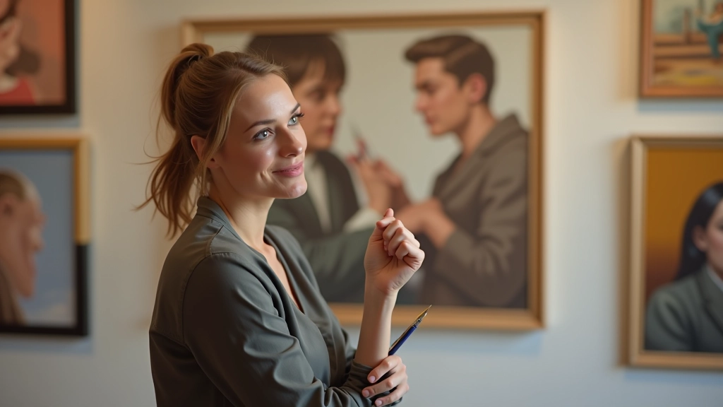 Artiste regardant une série de ses œuvres accrochées au mur avec une expression de fierté et de satisfaction