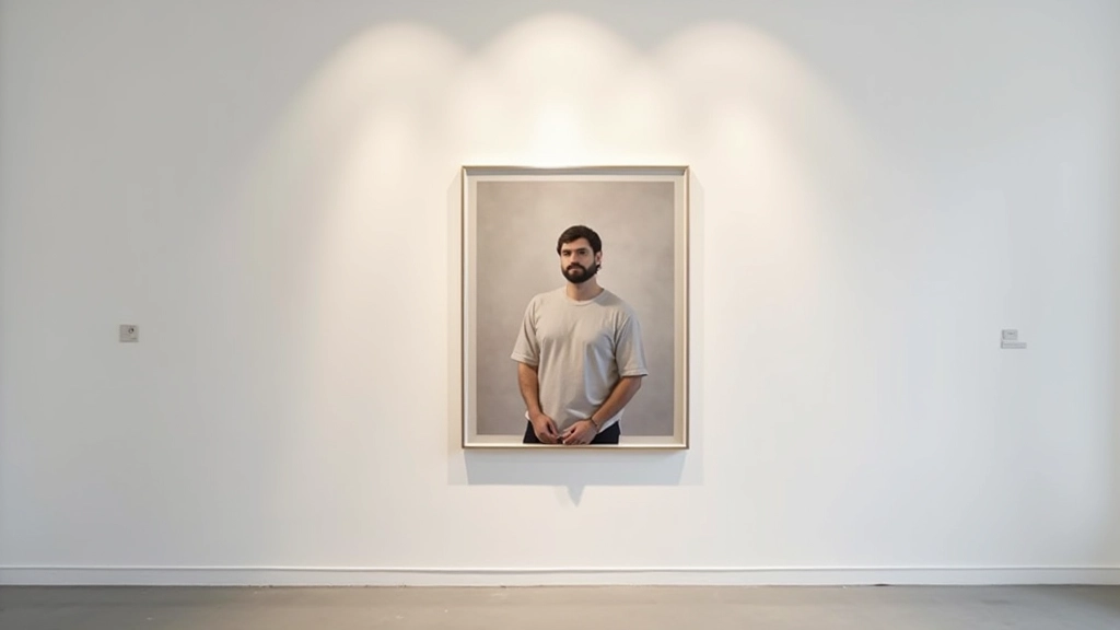 Galerie d'art avec tableau fini encadré au mur, éclairage professionnel mettant en valeur l'œuvre