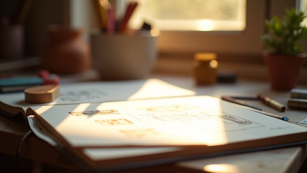 Espace créatif avec carnets d'inspiration et outils artistiques