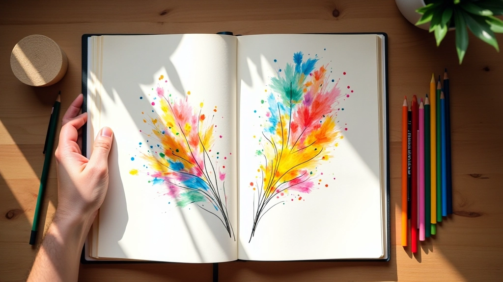 Carnet de croquis ouvert avec des esquisses abstraites et colorées sur un bureau d'artiste