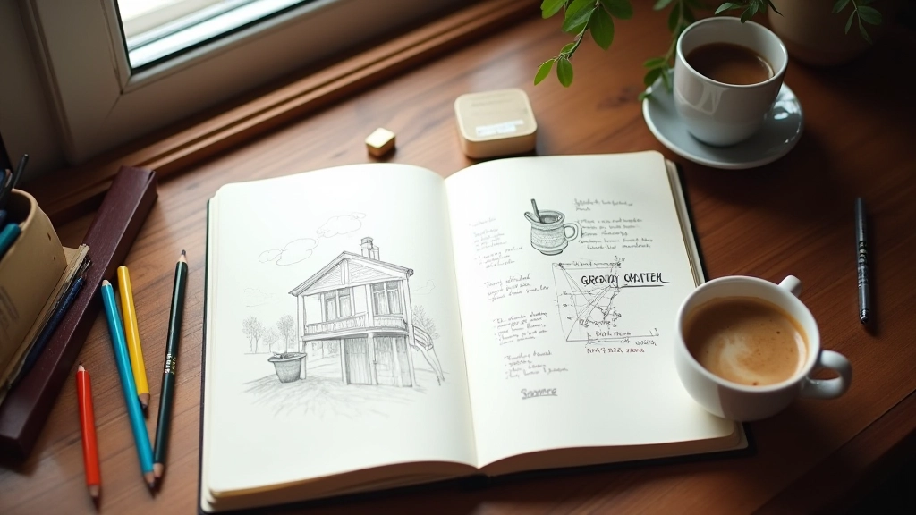 Carnet d'artiste ouvert avec des croquis rapides et des notes manuscrites sur les techniques de visualisation