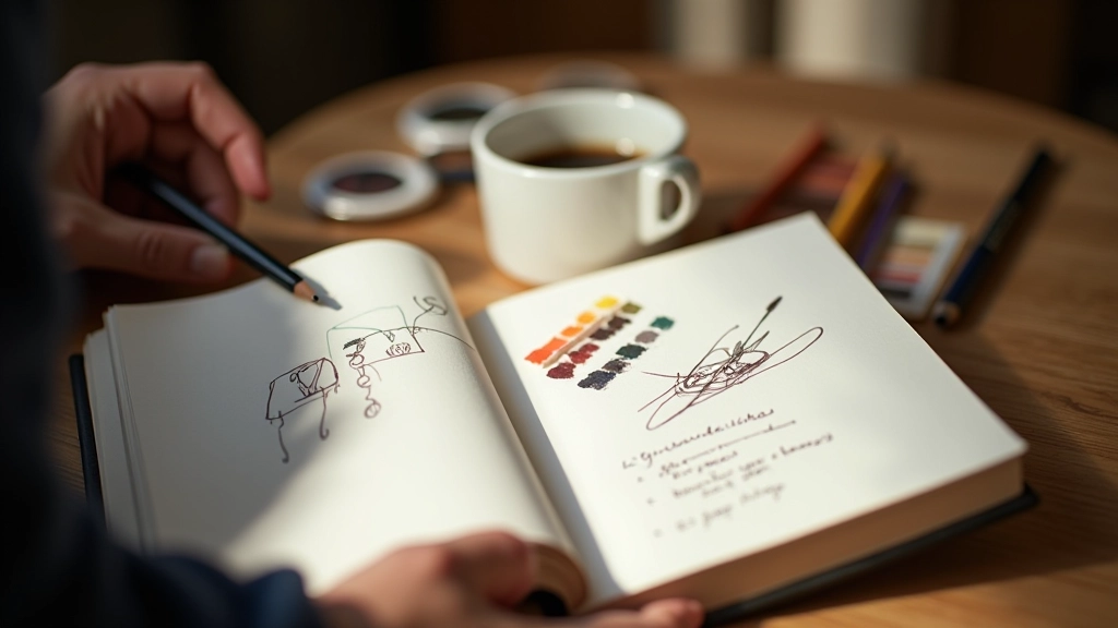 Bloc-notes ouvert avec des croquis simples et des couleurs, crayon et café à proximité, lumière chaude, espace de création personnel