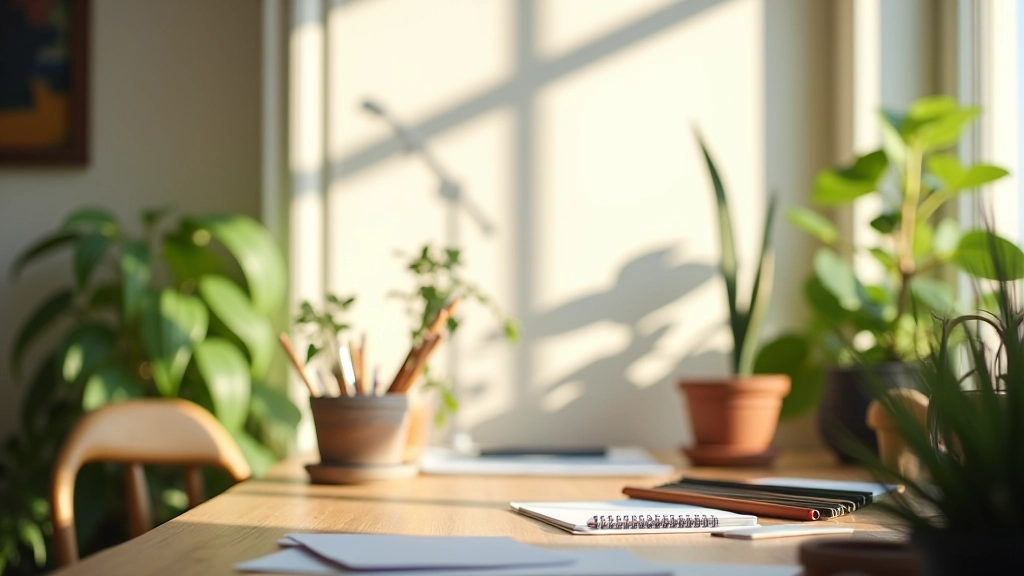 Espace créatif tranquille avec lumière naturelle douce, bureau épuré avec fournitures artistiques, plantes vertes, atmosphère sereine et inspirante