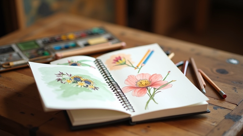 Carnet de croquis ouvert avec des esquisses inspirantes et des couleurs vibrantes