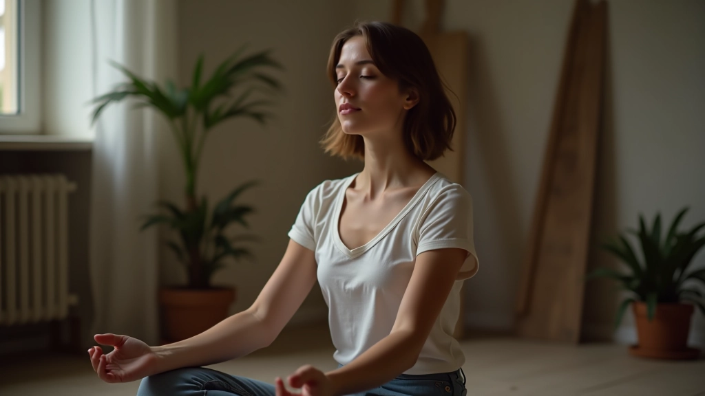 Femme artiste âgée de 28 à 35 ans, vêtue de façon décontractée, assise avec les yeux fermés en méditation, studio artistique calme en arrière-plan, lumière naturelle douce