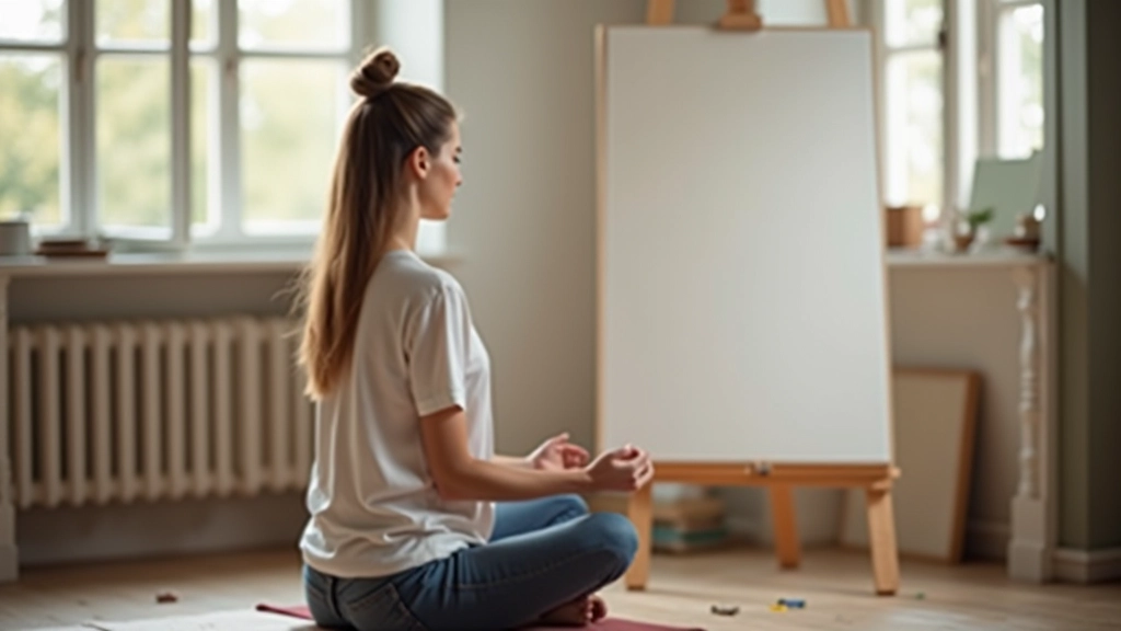 Artiste assise en méditation devant une grande toile blanche dans un studio tranquille
