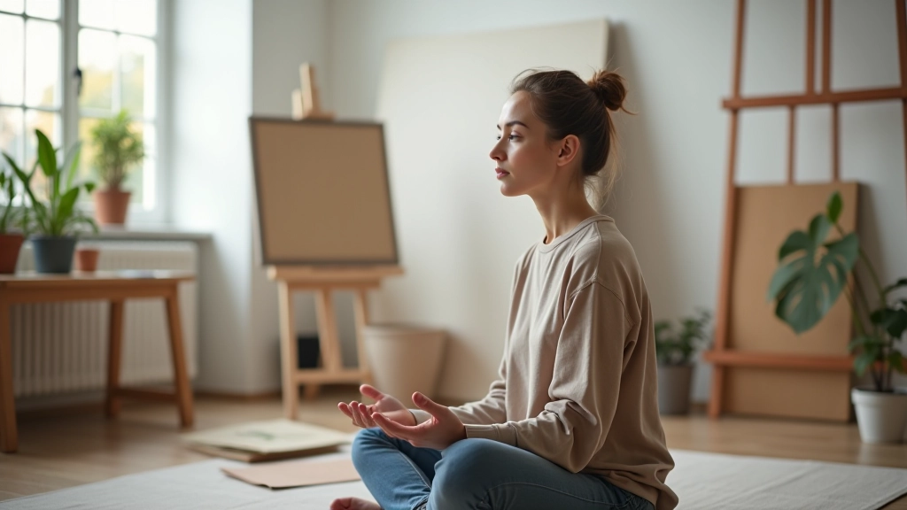 Artiste en profonde méditation créative dans un studio lumineux
