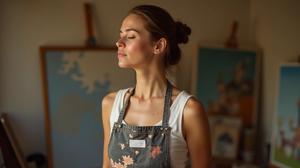 Artiste dans son atelier en train de visualiser son projet, les yeux fermés, main sur le cœur